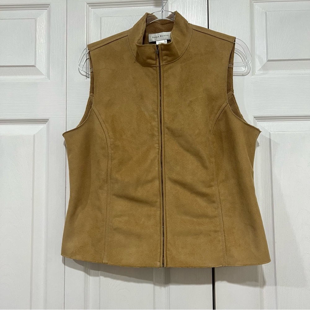 🤎 Susan Bristol Women’s Faux Suede Fleece Lined Tan Vest Zip Closure Large